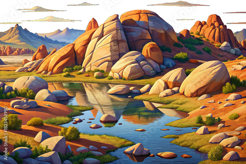 Wichita Mountains Oklahoma Granite boulders scattered across grassy plains with small lakes and rounded hills