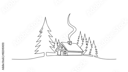 Continuous single line art illustration of a cozy cabin in the woods with pine trees, a welcoming home scene