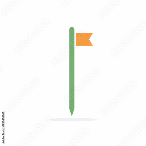 A green flagpole with an orange flag on a white background