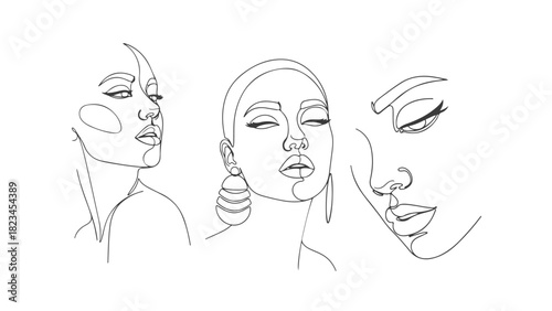 Set of three beautiful women's faces drawn with a single continuous line, minimalist line art style