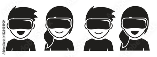 virtual reality headset happy children icons black