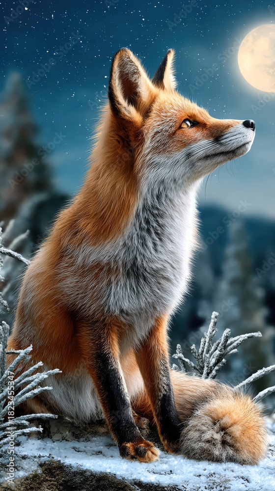 Fototapeta premium A majestic fox gazes thoughtfully at the moonlit sky amidst a serene winter landscape.