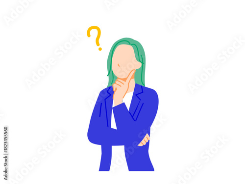 スーツのビジネスウーマンが疑問に思う表情イラスト。フラットデザイン