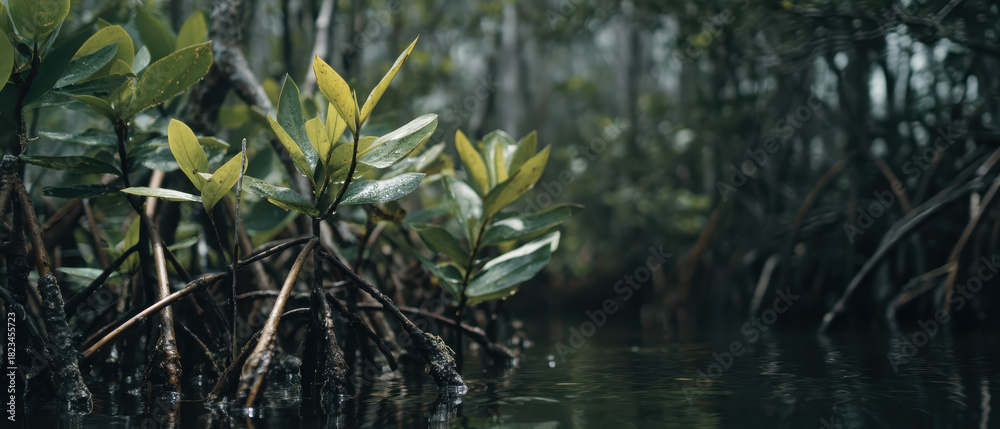 custom made wallpaper toronto digitalSerene view of lush mangrove trees with vibrant green leaves and exposed roots in calm, reflective water setting, evoking sense of tranquility and natural beauty