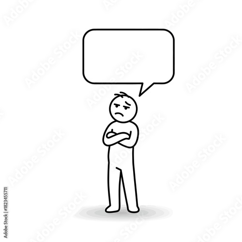 Stickman character standing with crossed arms in a suspicious pose. Minimal outline vector.