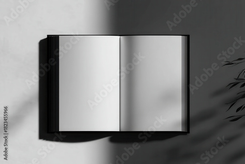Wallpaper Mural Open book with blank pages is placed surface, casting shadow. lighting creates dramatic contrast between light and dark areas, adding depth to scene. plant shadow is visible right side Torontodigital.ca