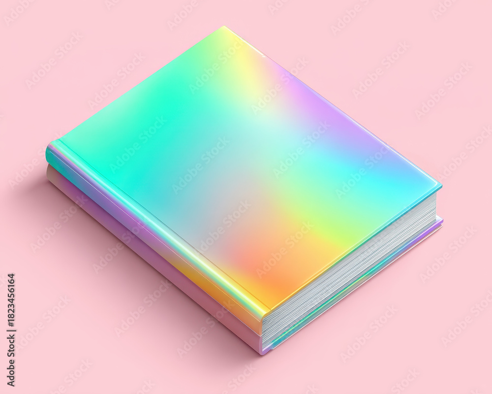 custom made wallpaper toronto digitalHardcover book with vibrant holographic cover lies on pastel pink background, creating modern and eye catching aesthetic. rainbow colors on cover add playful and artistic touch