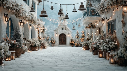 Christmas celebration with old church bells and festive decorations on a snowy hill view cozy cabin family gathering by the fireplace
