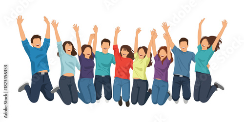 People jumping, Young funny teens large group guy, girl, jumping together vector illustration