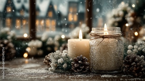 Warm candlelight reflections on frosted church windows christmas family gathering in a cozy cabin embracing the festive spirit