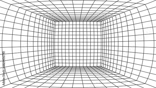 3D wireframe perspective grid room template design vector illustration background. Empty three dimensional virtual room perspective wireframe grid geometric sketch. Cyber virtual line interior frame.