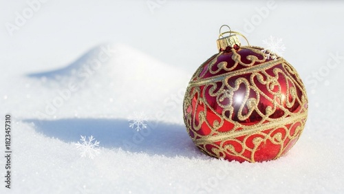 hristmas ornament on white snowy background