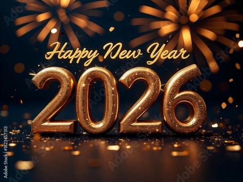 Happy New Year 2026 Golden 3D Text with Fireworks and Confetti, Celebration Background