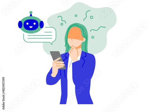 スーツのビジネスウーマンがスマホを使用して人工知能とチャットし依存しているイラスト。フラットデザイン
