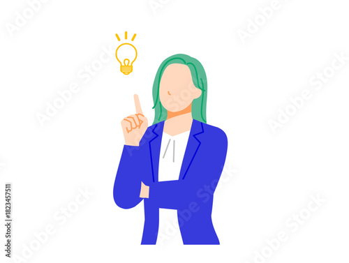 スーツのビジネスウーマンが閃く表情イラスト。フラットデザイン