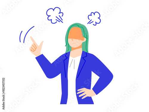 スーツのビジネスウーマンが怒っている表情イラスト。フラットデザイン