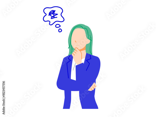 スーツのビジネスウーマンが困っている表情のイラスト。フラットデザイン。