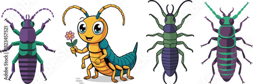 Stylized and Cartoon Earwig Vector Set: Colorful Insect Character Collection