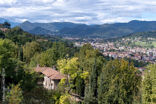 Fototapeta Naklejka Na Ścianę i Meble -  Tourists destination, historical part of Bergamo city, Bergamo Alta with narrow streets, churces, old houses, located on hill with fortress walls, Lombardy, Northern Italy