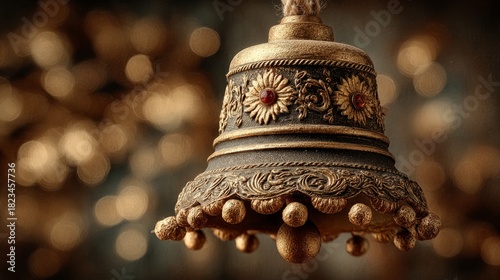 Warm glow of christmas reflected on frosted church bell metal cozy cabin gathering by the fireplace during festive season