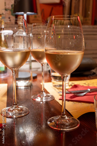 Drinking of white wine in restaurant for dinner, glasses of white wine in Italy, France, European lifestyle