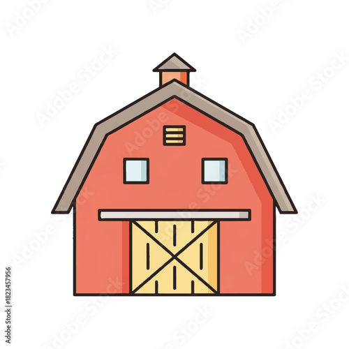 A red barn with a gabled roof two windows and a large sliding door