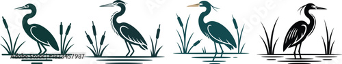 Heron or Egret Silhouette Vector Icon Set: Great Blue Heron Standing in Marsh Grass and Cattails
