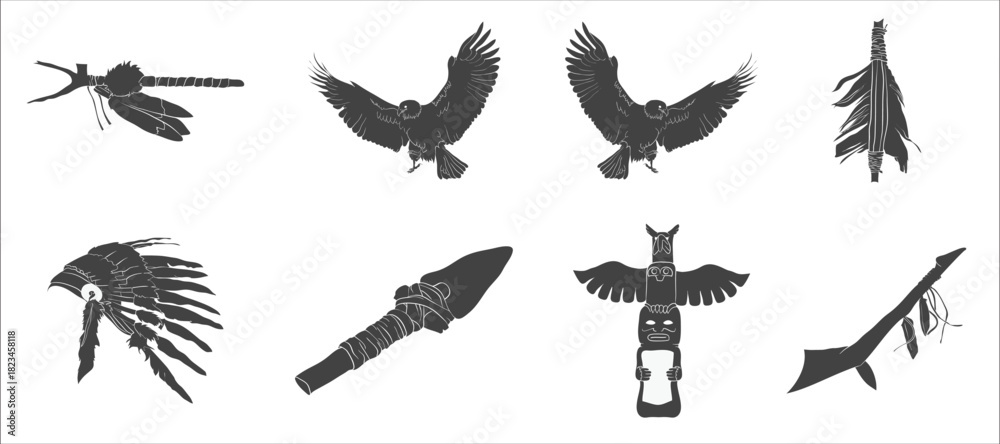Obraz premium Vibrant Native American Eagle Symbols Vector Pack for Tribal and Heritage Designs.