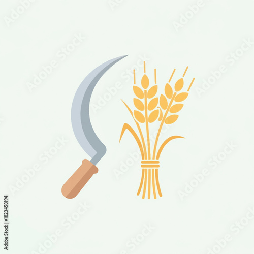 A sickle and a bundle of wheat stalks