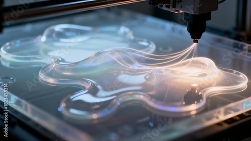 Generative AI crafting intricate translucent designs on a platform.