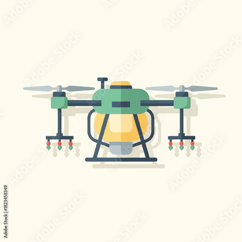 A stylized illustration of a green and yellow drone with sprayers