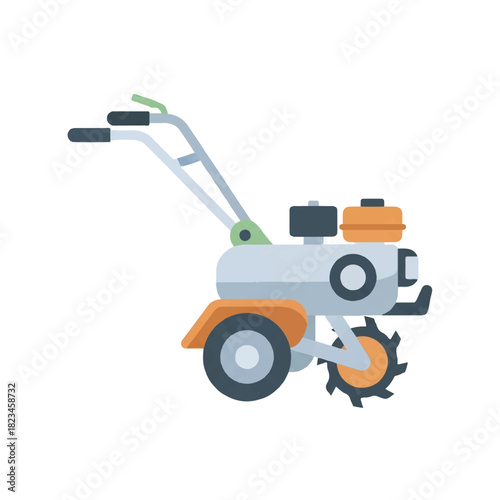 A twowheeled enginepowered tiller with orange fenders and tines