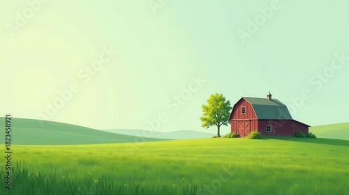 Serene Rural Landscape Featuring a Rustic Red Barn Nestled in a Verdant Meadow Under a Calm Sky