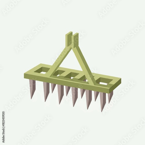 A yellow and tan farming cultivator with tines