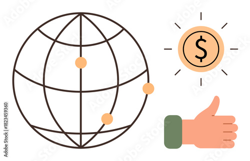 Globe with connecting points, dollar coin radiating lines, and a thumbs-up hand. Ideal for finance, global trade, economy, teamwork, growth sustainability and leadership. A simple flat metaphor