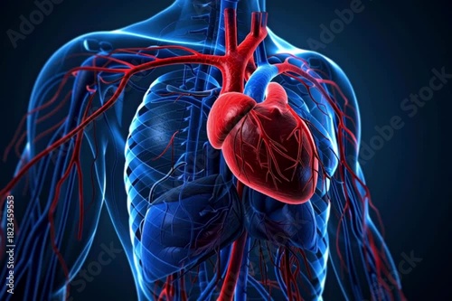 Realistic 3D render of human heart and cardiovascular system with vivid details.