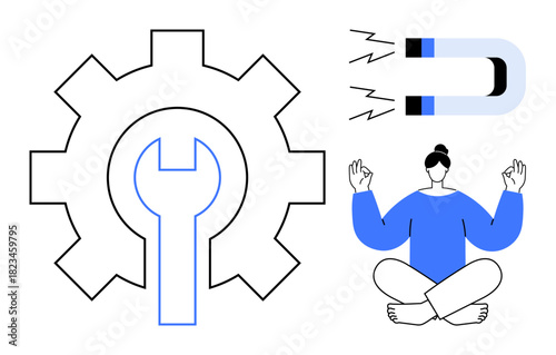 Wrench inside gear, magnet attracting objects, person meditating calmly in lotus pose. Ideal for problem-solving, focus, attraction, inner peace, self-improvement strategy balance. Simple flat