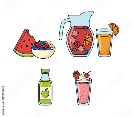 Healthy fruit drinks and fresh snacks assortment