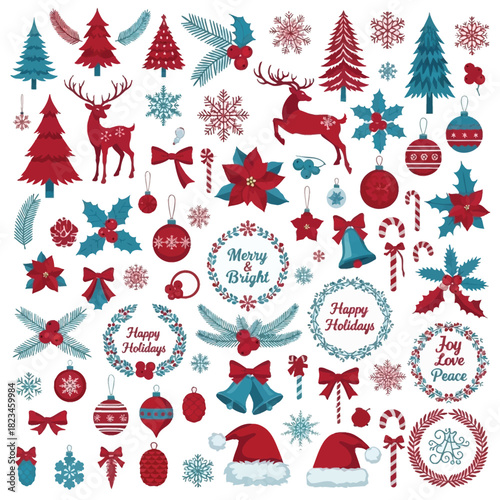 Festive christmas elements arranged in a grid pattern with trees reindeer and holiday greetings wreaths