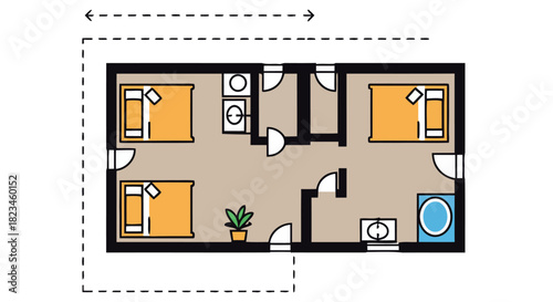 floor plan with two bedrooms and bathroom architectural layout showcasing the room arrangement for real estate marketing and interior design ideas.