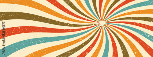 Vintage groovy sunburst background. Retro sand texture. Wave spiral ray pattern. Abstract starburst.