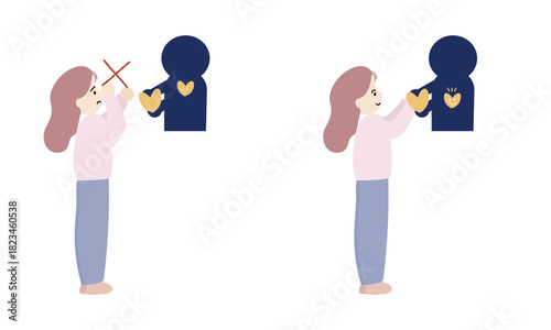 人の助けを拒絶する女性と受け取る女性の対比イラスト