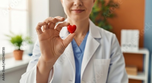 Healthcare professional in a white coat gently offers a small red heart, symbolizing health
