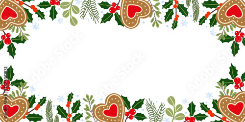 Festive border design featuring gingerbread cookies and holly for holiday celebrations