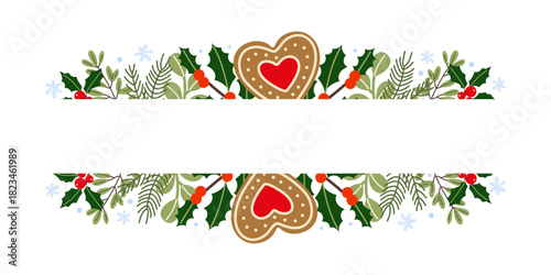 Festive holiday border design featuring gingerbread heart cookies and winter foliage for seasonal decoration