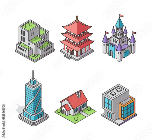 Isometric buildings vector icon set with different architectures