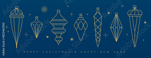 Set of line art holiday Christmas tree toys, baubles, knick knacks, decorations on blue background. Vector illustration