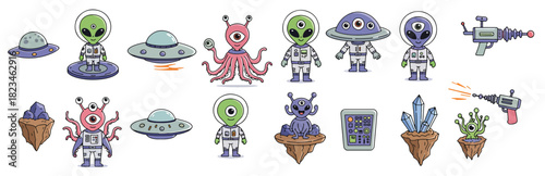  whimsical collection of cartoon aliens spaceships 