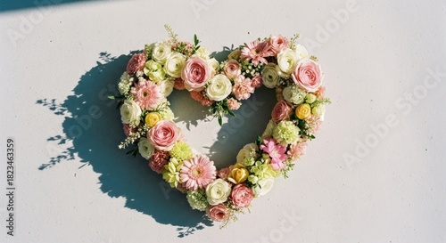 Lush heart-shaped floral wreath with pink, white, yellow blooms, casting soft shadows