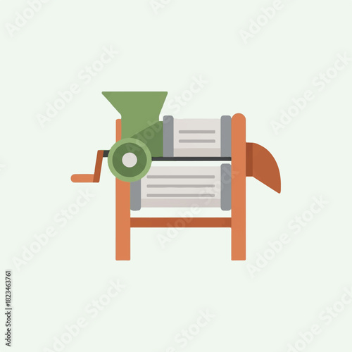 Illustration of a vintage grain thresher machine with green hopper and orange frame